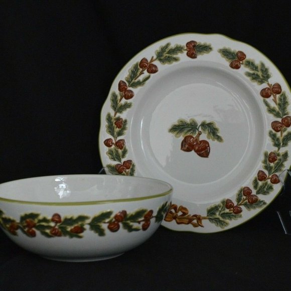Serving Bowl and Serving Platter Acorn and Oak Leaf Thanksgiving Fall Pottery - Picture 1 of 12